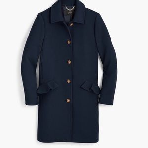 J.Crew Topcoat Italian Double Cloth Wool- Black with Ruffle Pockets- Size 8